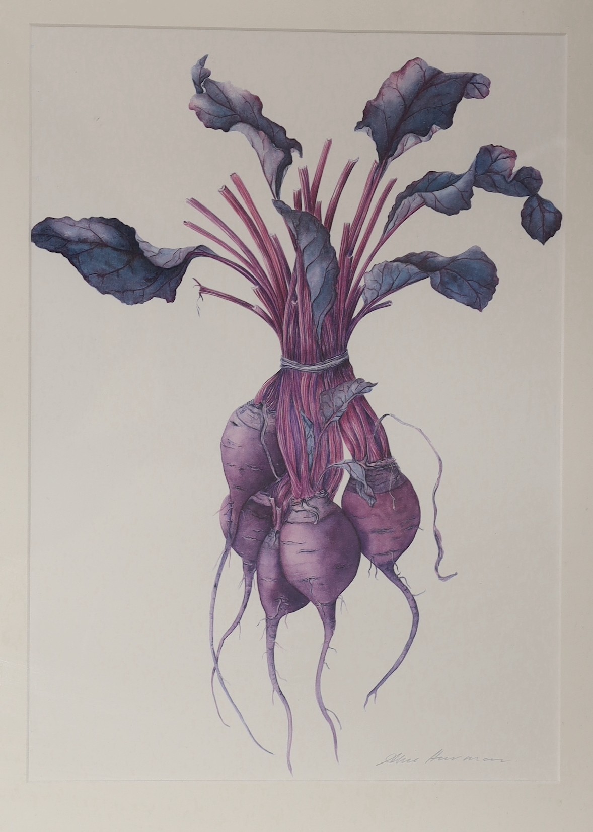 Alice Harman, three colour prints, Still lifes of vegetables and fruit, largest 41 x 29cm